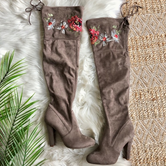 Zigi Soho Shoes - Zigi Soho Taupe Over the Knee Suede Floral Boots 7